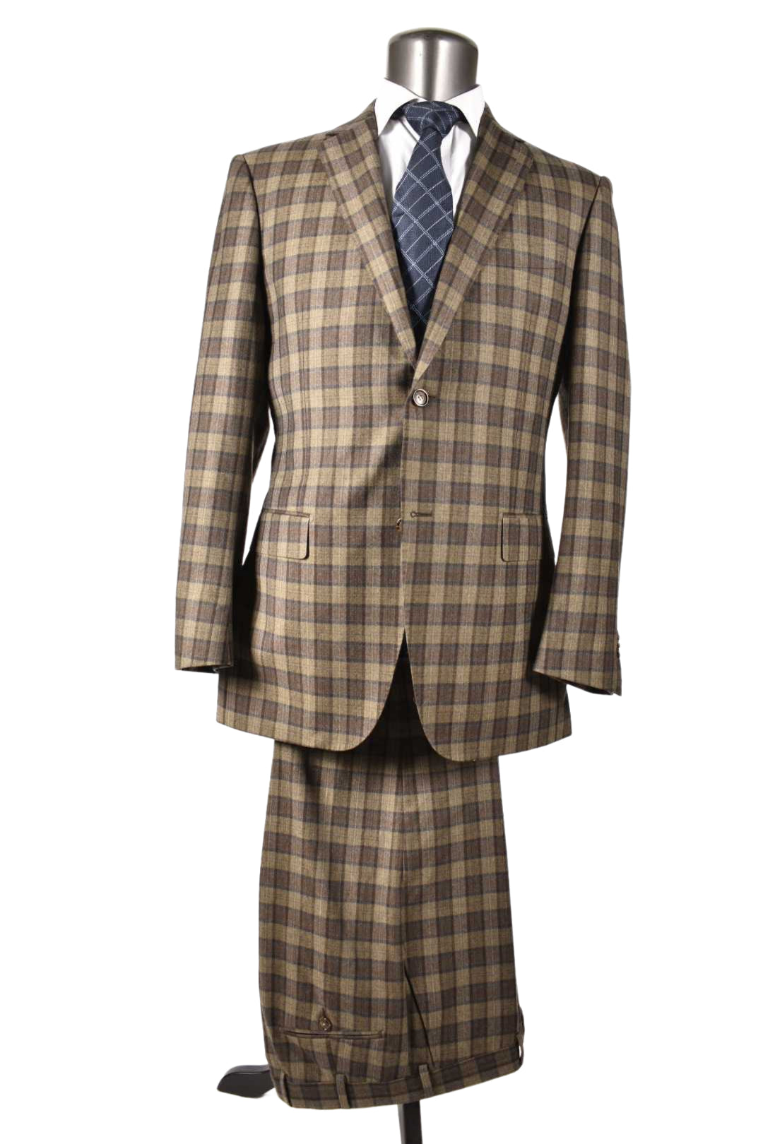 SUITSUPPLY Brown Blue Check Smooth 100% Super 120s Wool Suit 42L 102EU