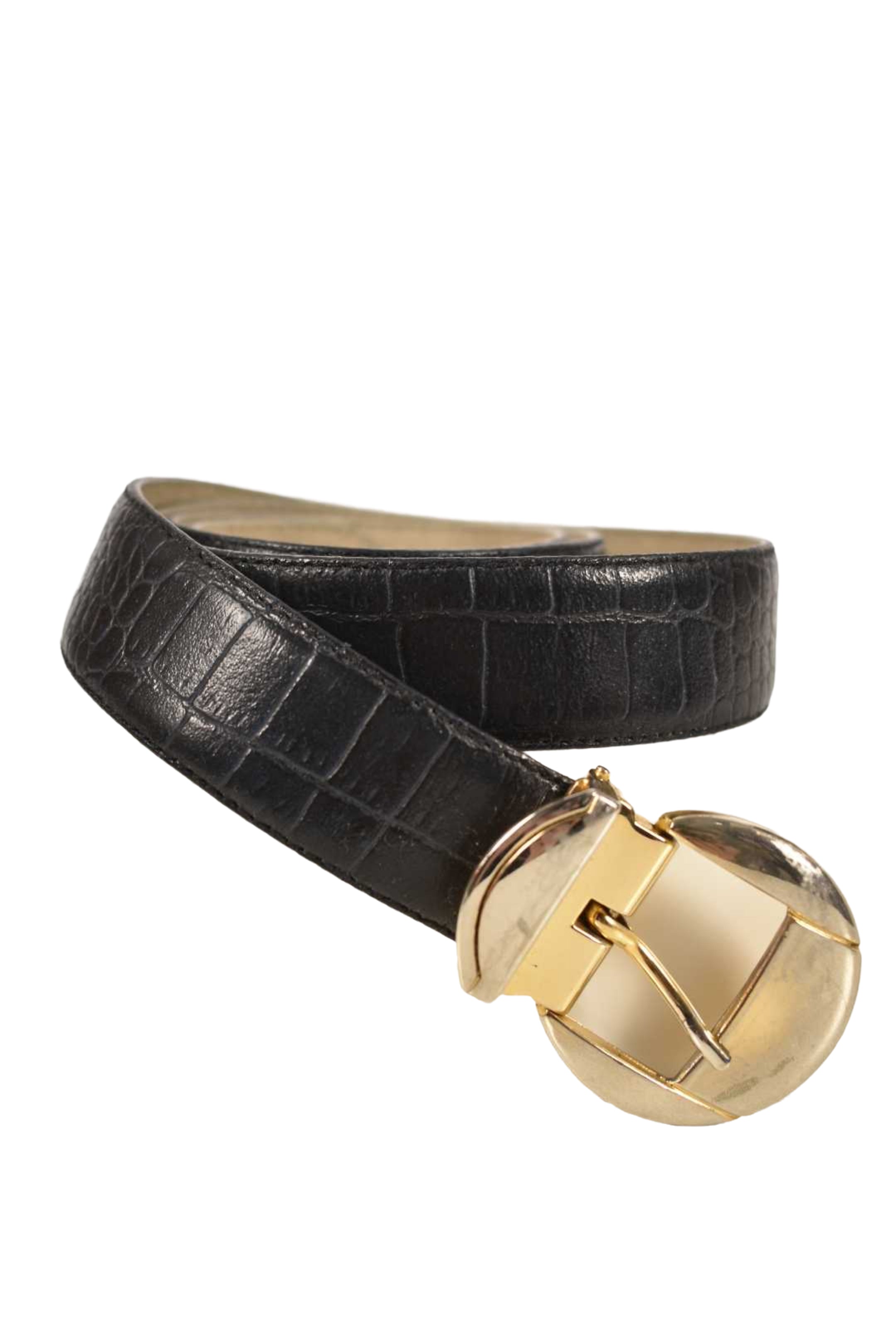 1980s AQUASCUTUM Navy Leather Croc Embossed Polished Brass Buckle Belt 34" Italy