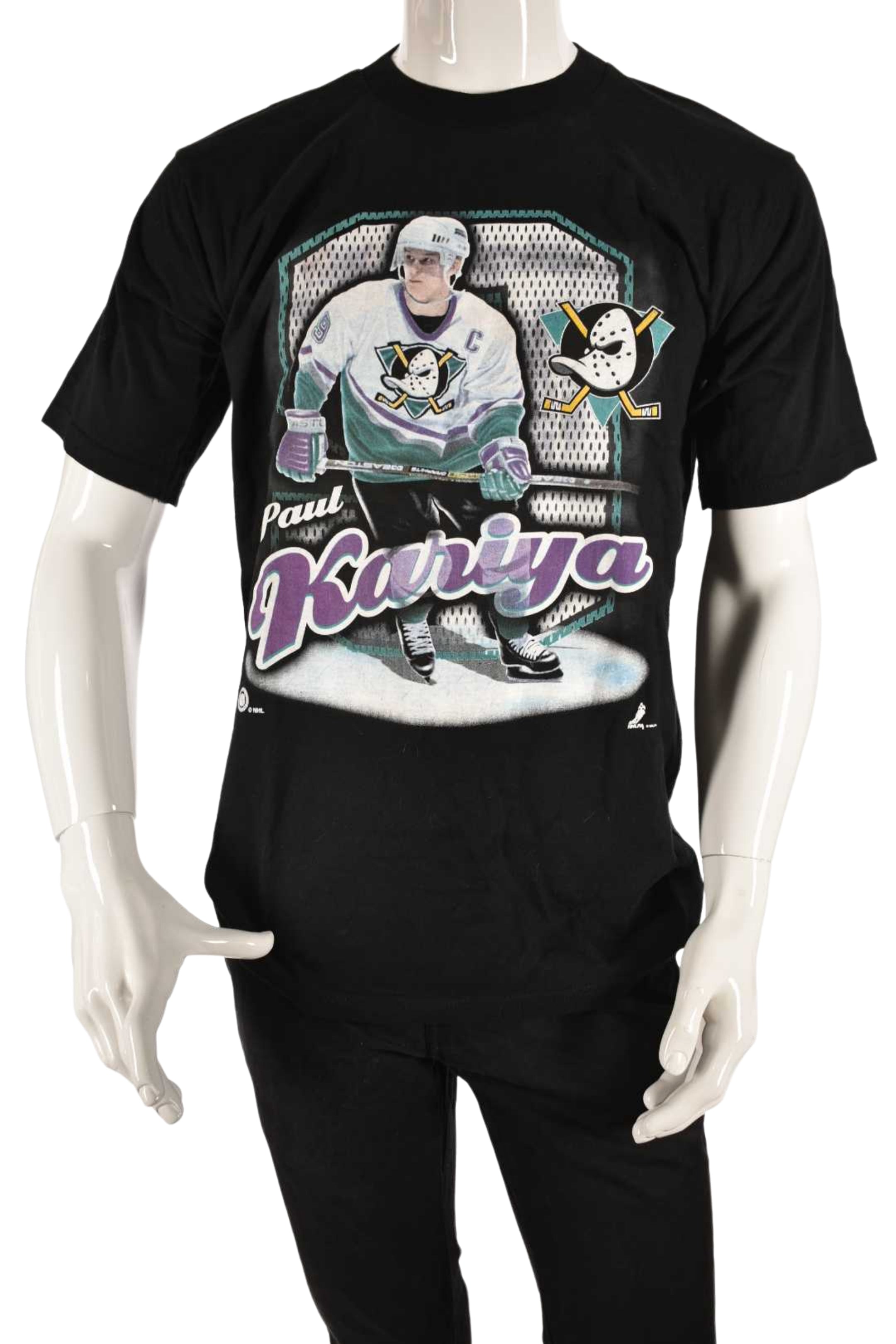 1997 NWOT PAUL KARIYA Black Green Mighty Ducks Hockey Tee Shirt Small