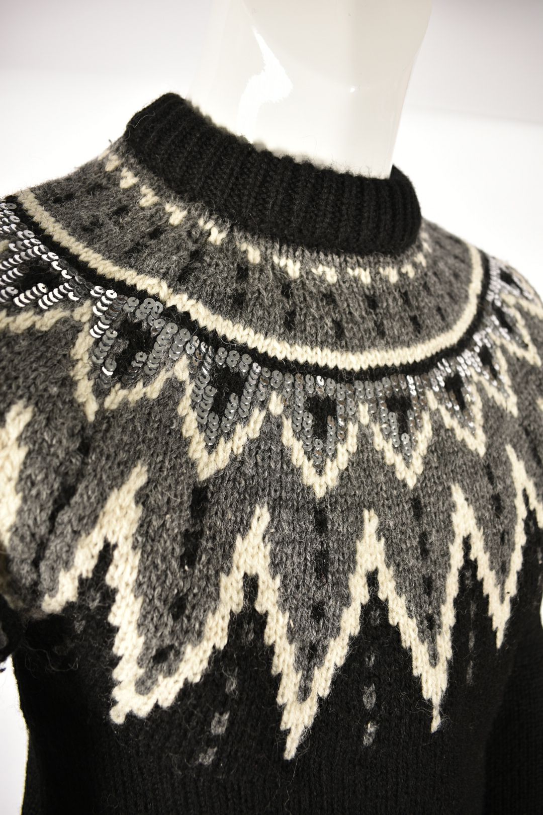 SAINT LAURENT Black Grey Holiday Fair Isle Sequin Wool Sweater Medium Italy