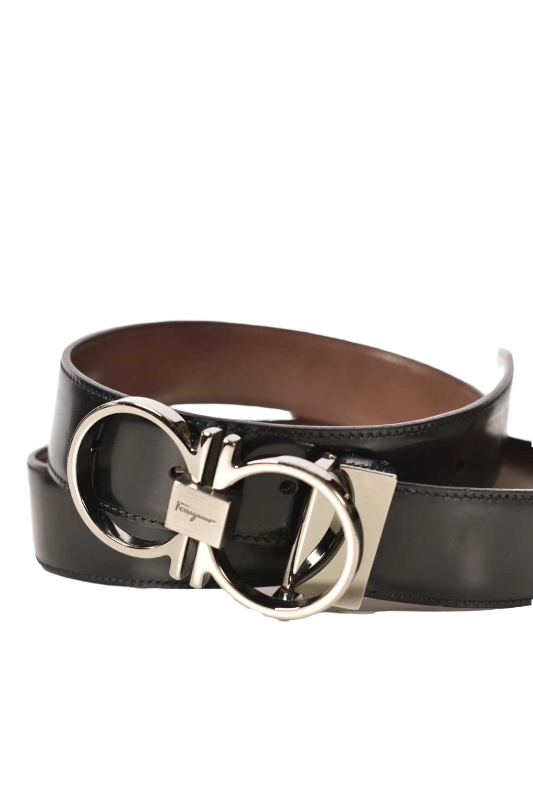 SALVATORE FERRAGAMO Black Brown Polished Leather Reversible Gancini Belt 34"