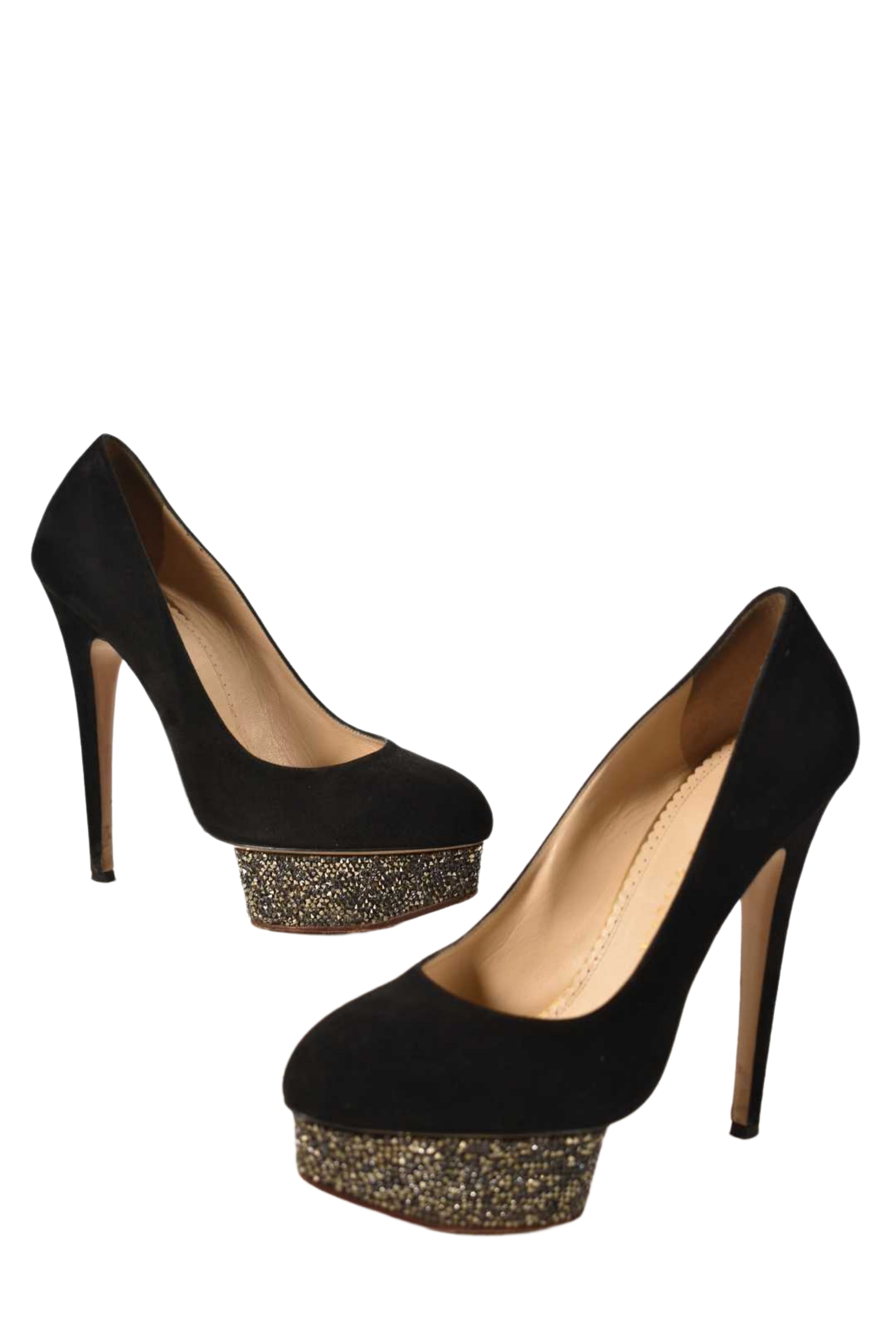 CHARLOTTE OLYMPIA Black Rhinestone Dolly High Heel Suede Pumps 39.5EU  Italy