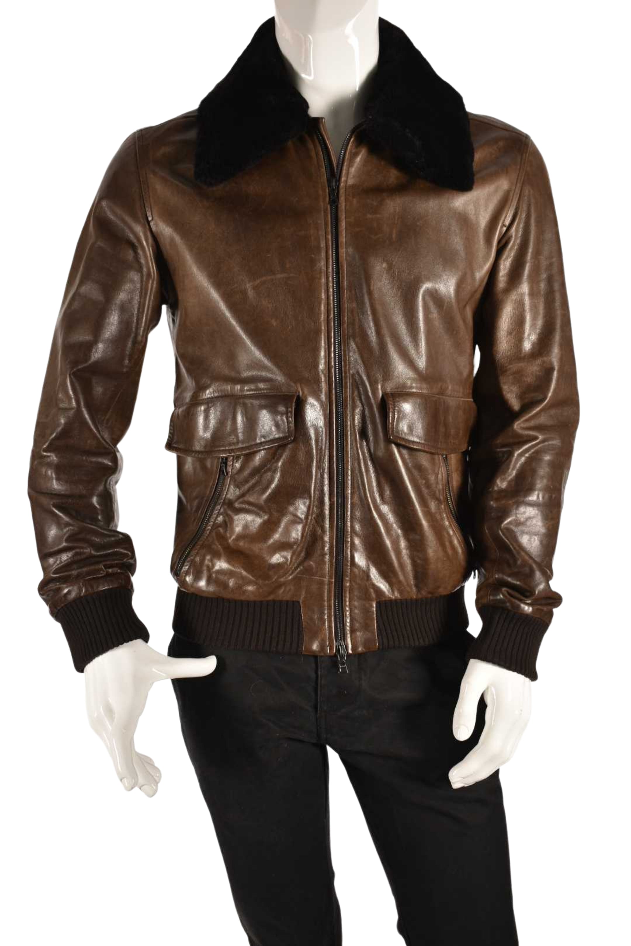 M0851 Brown Leather Beaver Collar Bomber Aviator Jacket Small Canada