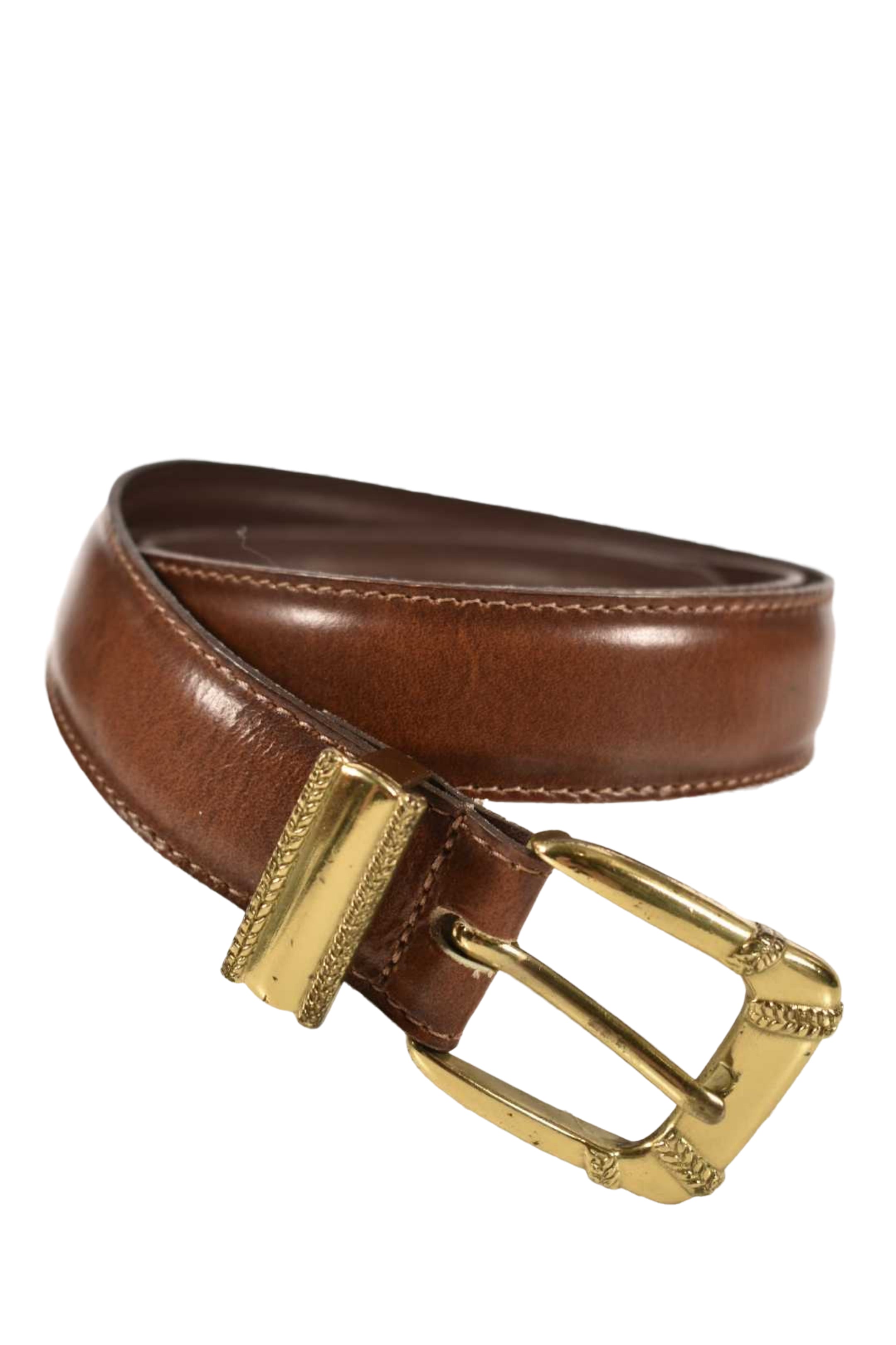 1980s AQUASCUTUM Light Brown Calfskin Leather Brass Buckle Belt 34" Spain