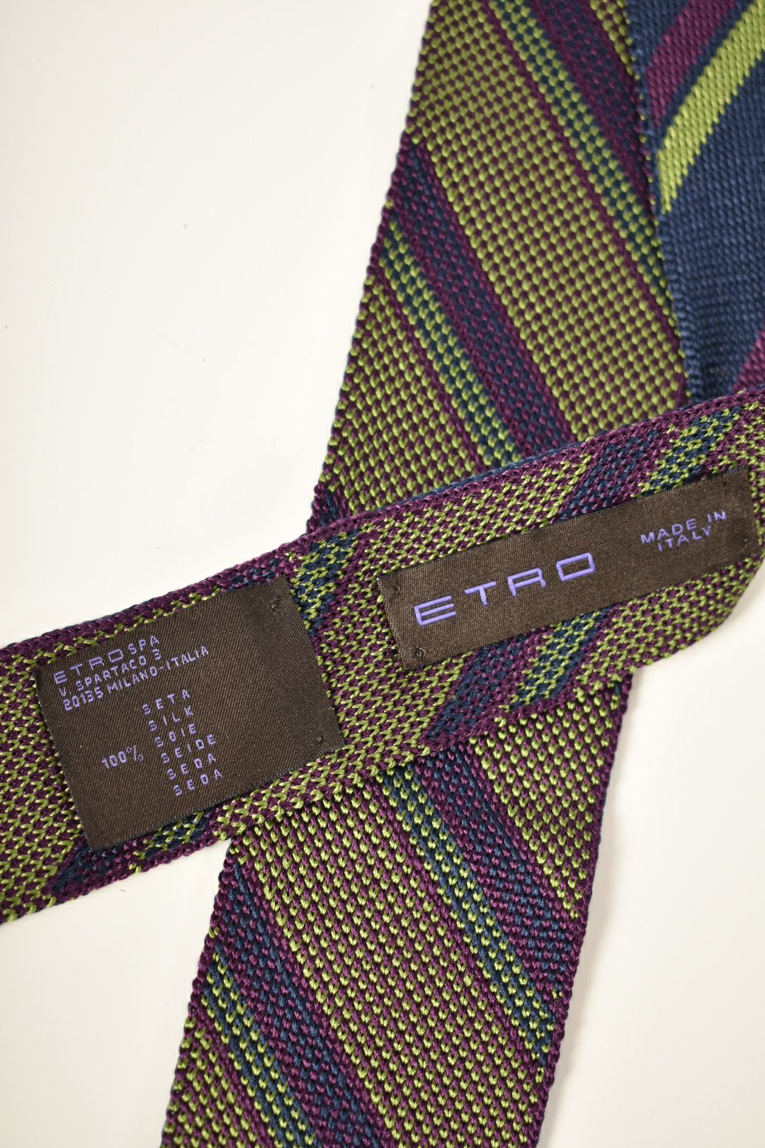 ETRO Navy Green Purple Squared Silk Knit Tie Italy