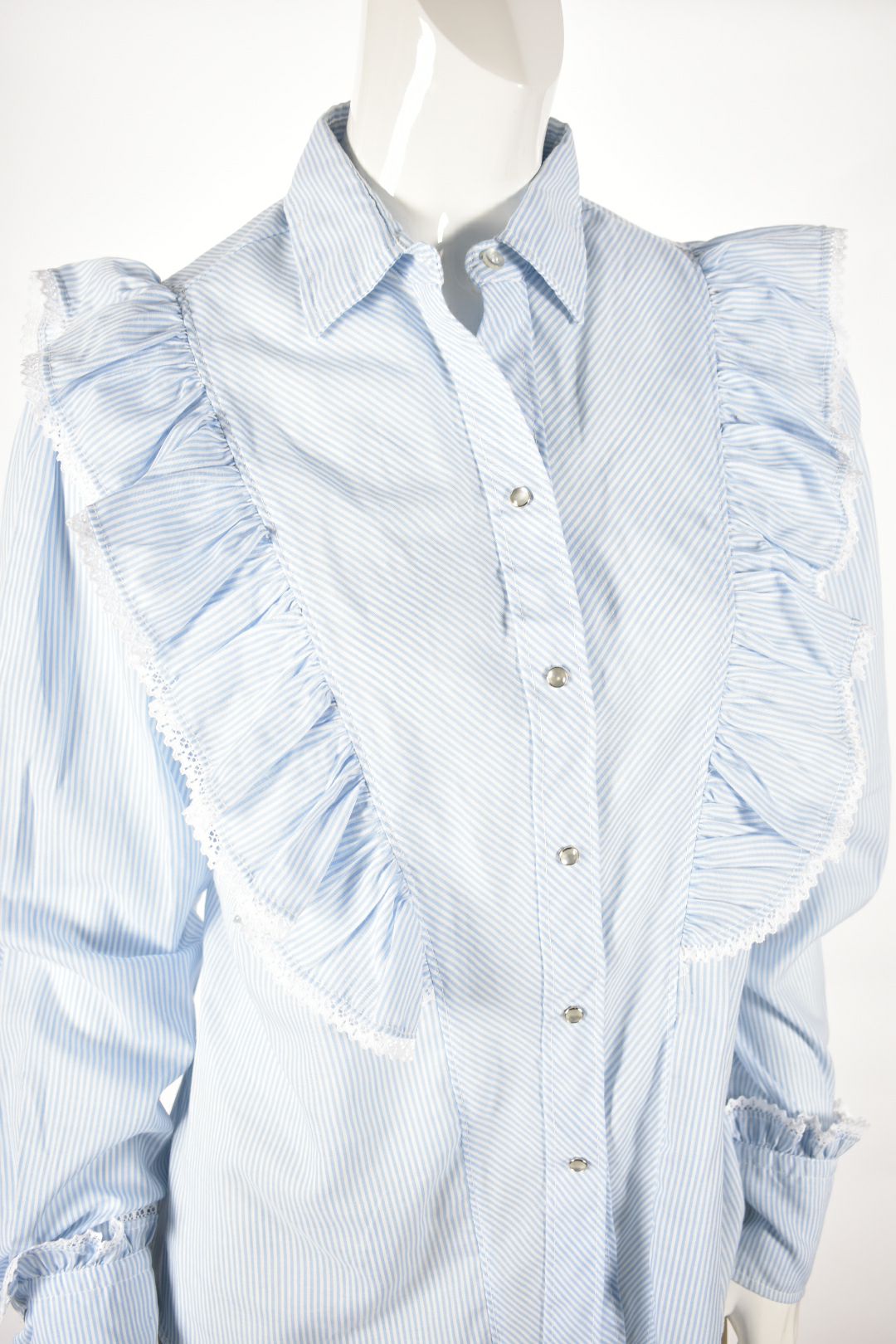 1980s MISS RODEO AMERICA Blue Striped Ruffled Bib Front Western Shirt L USA