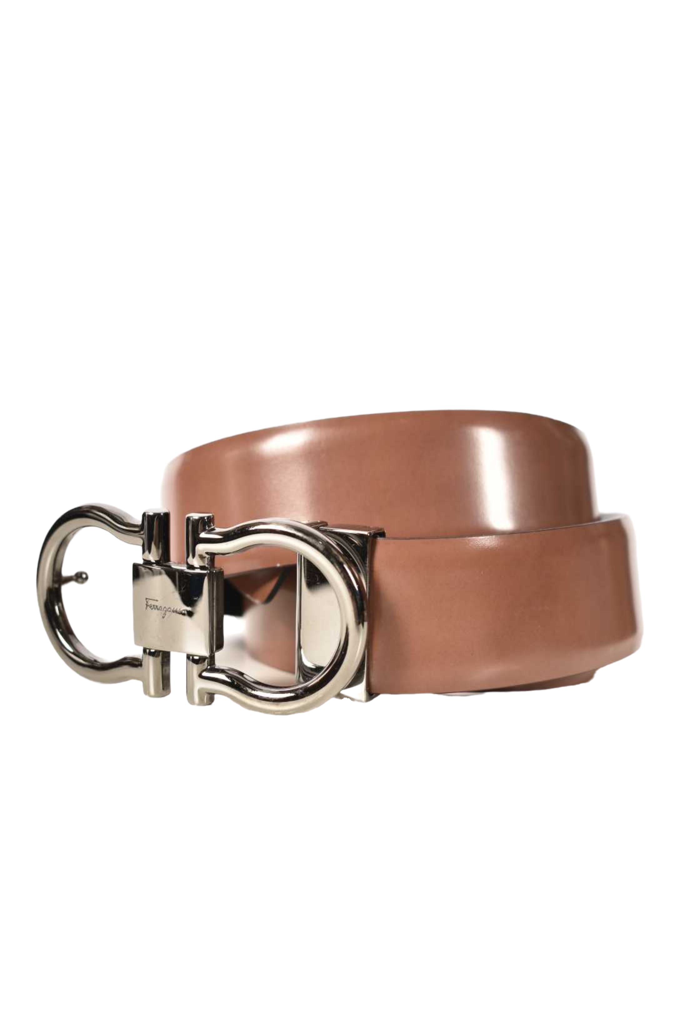 SALVATORE FERRAGAMO Black Brown Polished Leather Reversible Gancini Belt 34"