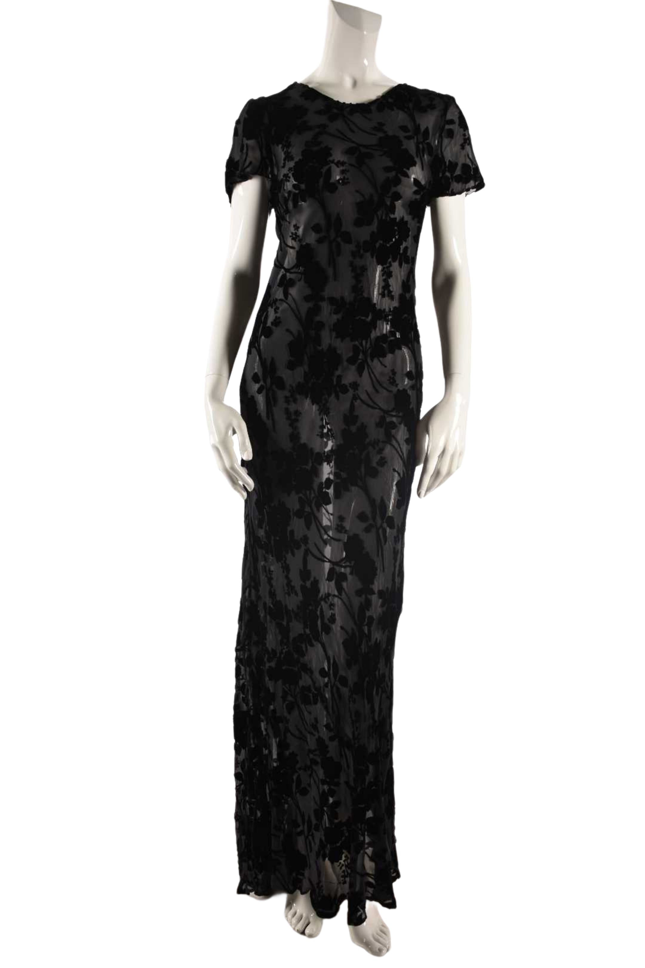 1990s Black Sheer Goth Flocked Floral Gown w/ Slip 4US Small