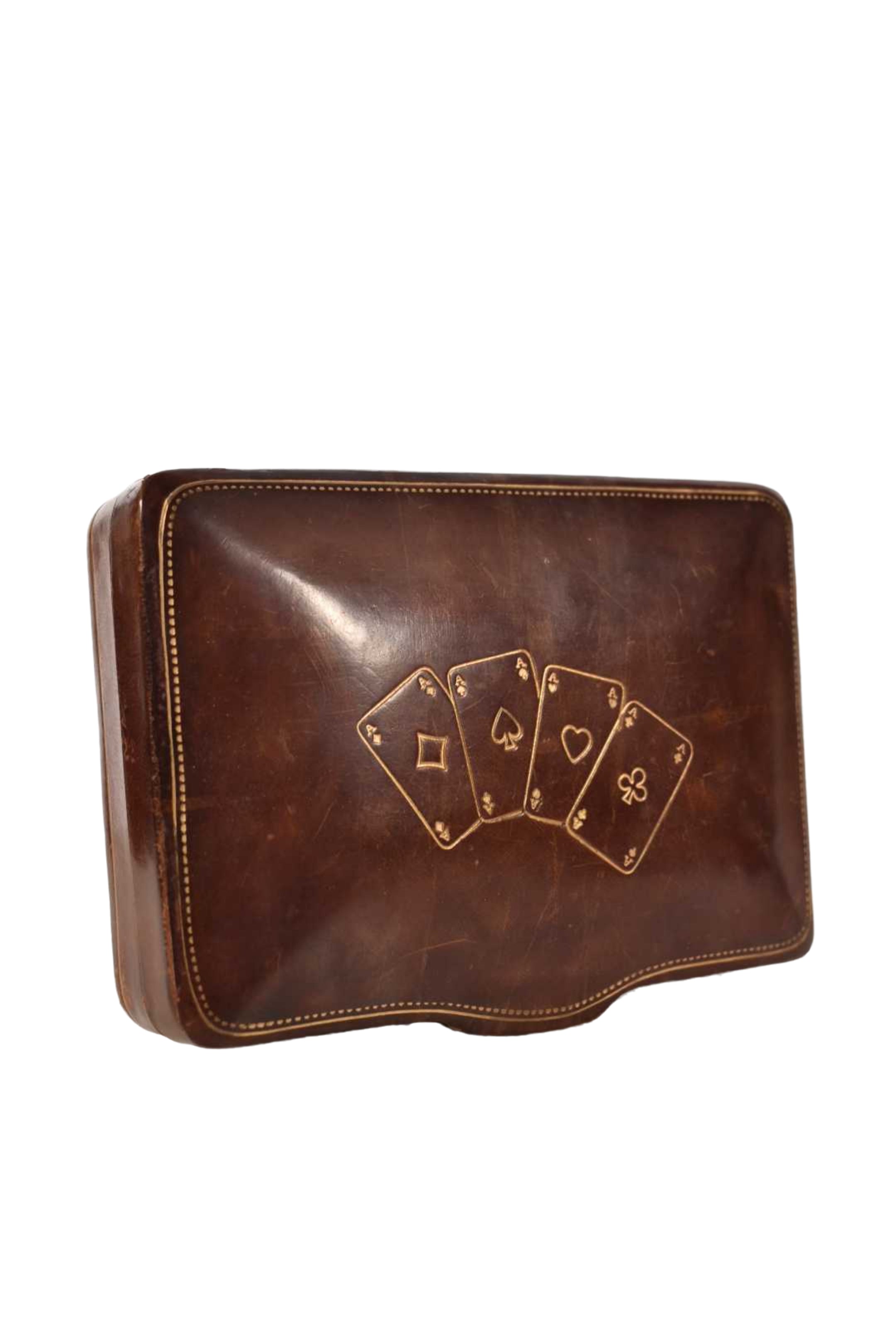 1950s Burnished Brown Leather Gold Foil Italian Playing Card Clamshell Case