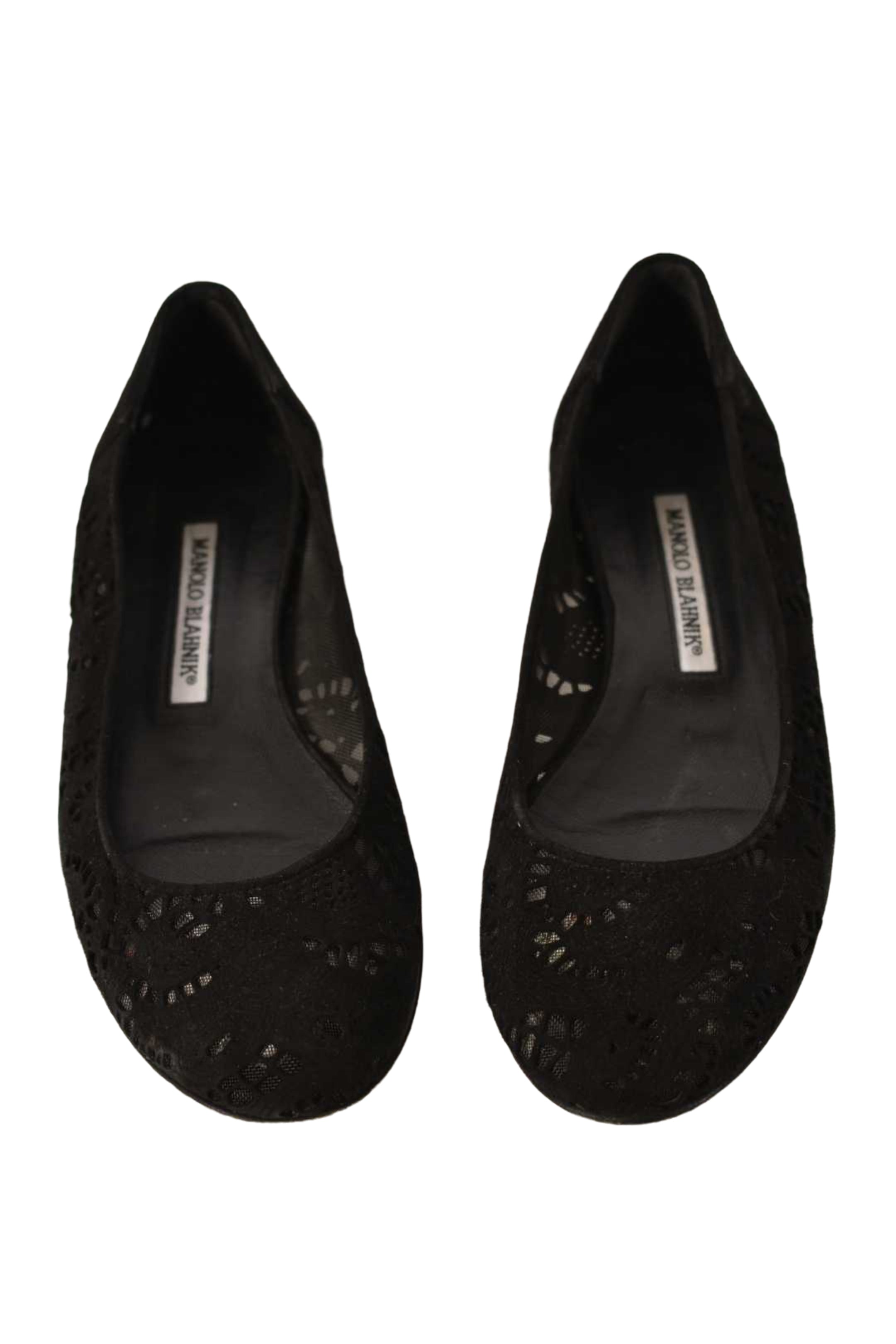 MANOLO BLAHNIK Black Lace Suede Cutout Floral Round Toe Flats 37.5EU 7.5US Italy