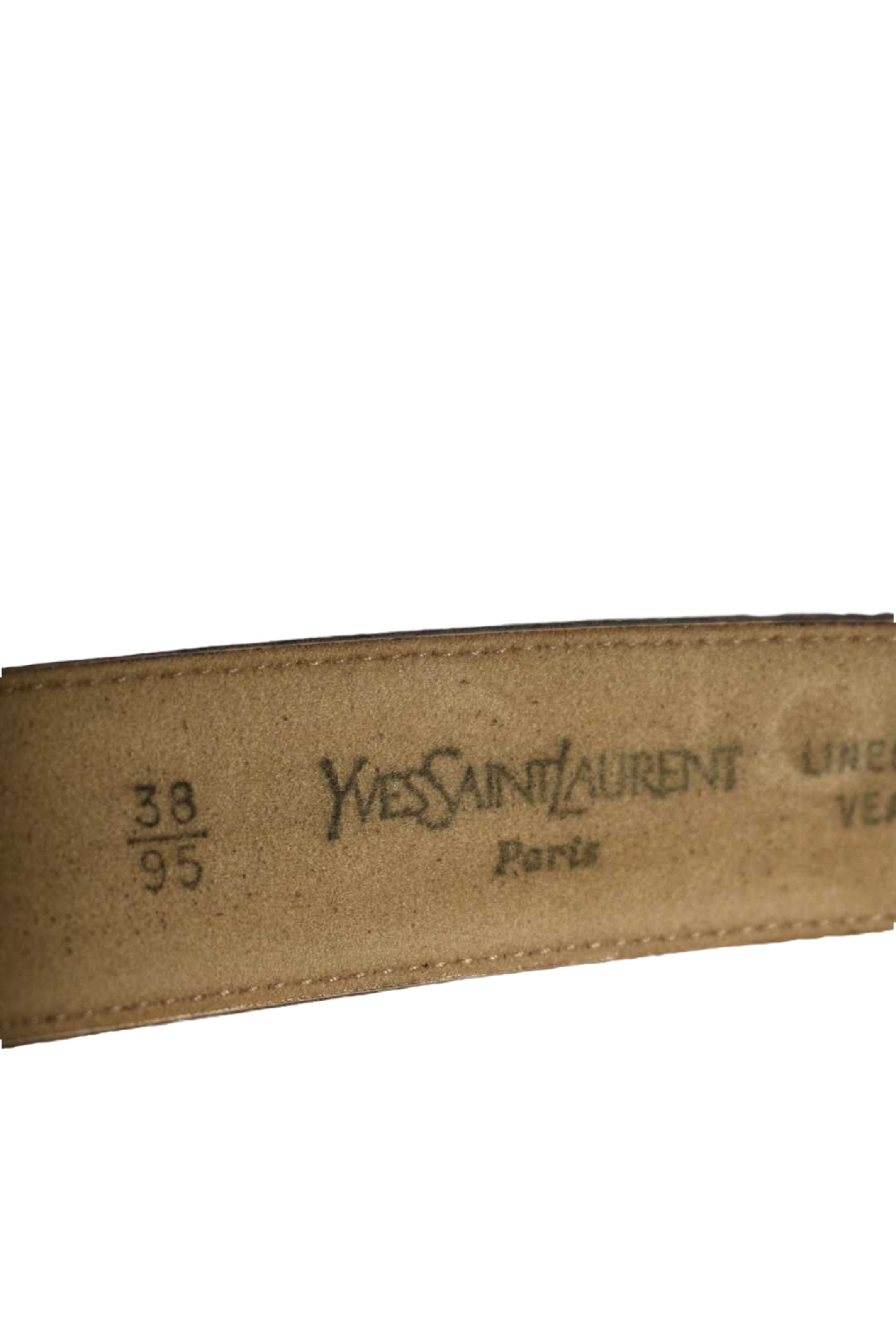 1980s YVES SAINT LAURENT YSL Brown Cowhide Leather Inlaid Buckle Belt 38"