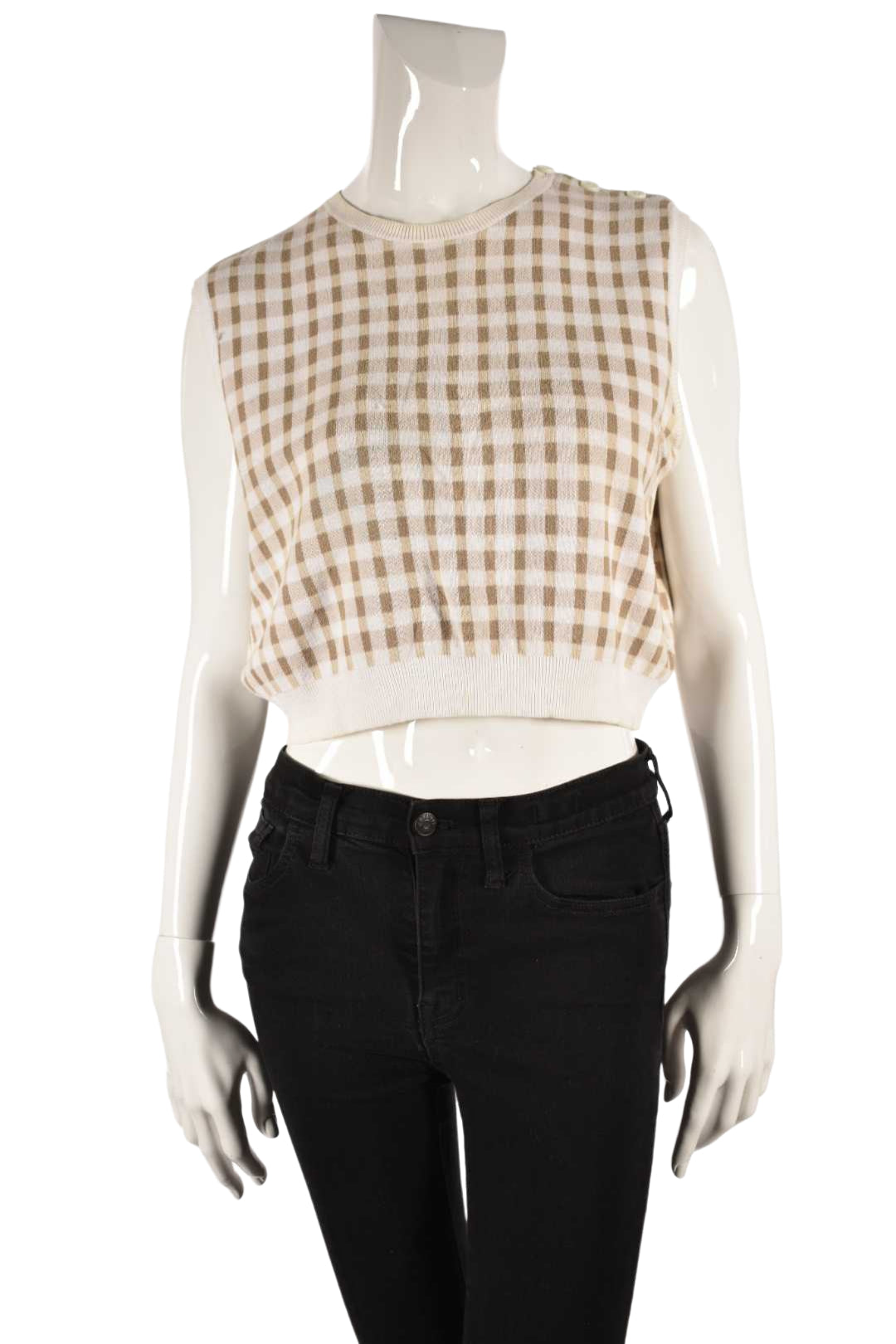 CARVEN PARIS White Beige Knit Gingham Cropped Cotton Vest Large 4/6 Portgual