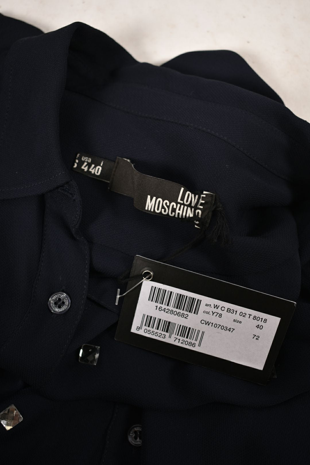 NWT LOVE MOSCHINO Navy Rhinestone Sparkle Blouse 4US