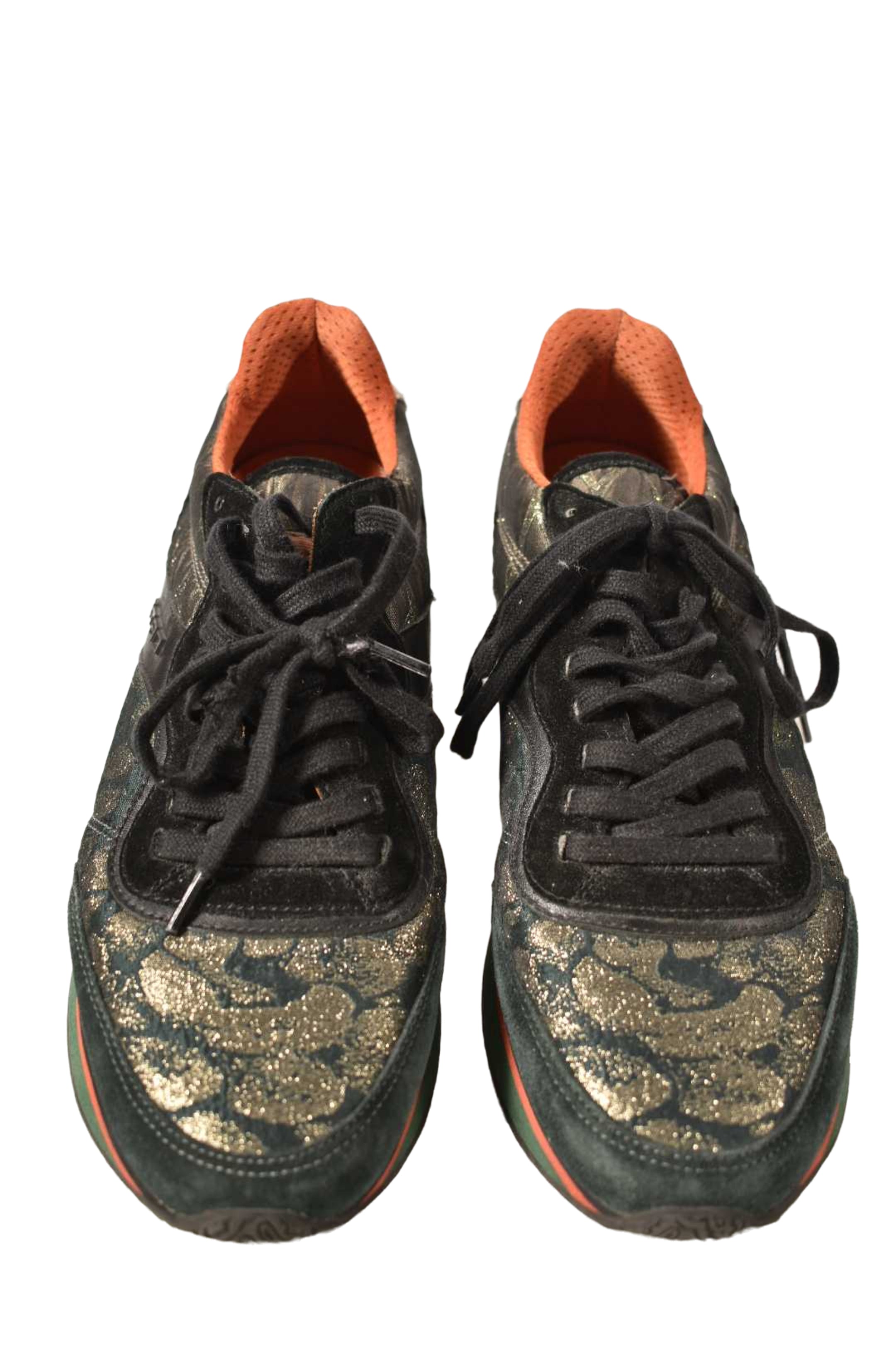 ETRO Green Gold Metallic Suede Nylon Sneakers Leopard Print 8US Italy