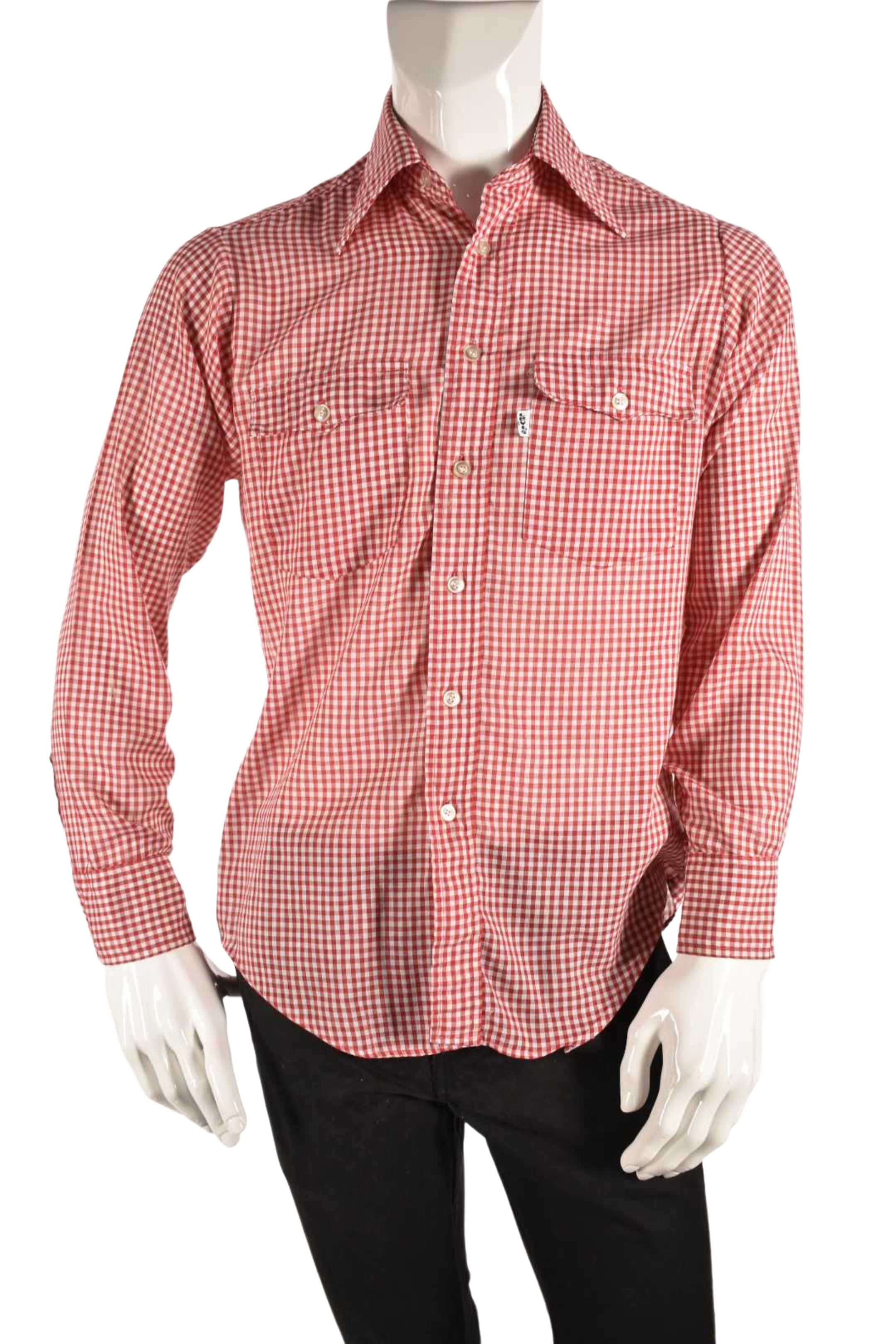 1970s LEVI'S Red Cotton Blend Gingham Western Tablecloth Picnic Shirt Small USA